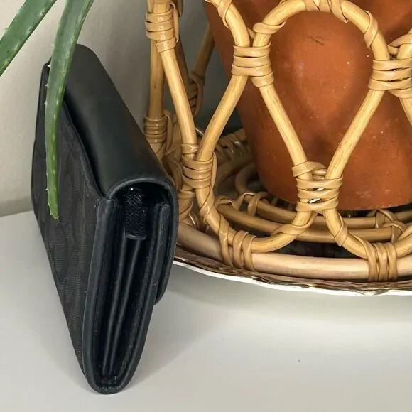 Coach Black Signature Canvas & Leather Wallet Trifold Clutch Organizer - Picture 2 of 14